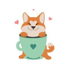 The puppy is an Akita with cup is good for coffee shops, posters, stickers. The dog in love for holiday designs. The vector illustration