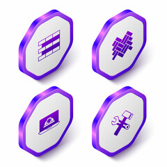 Fototapeta premium Set Isometric Bricks, Parquet, Worker safety helmet and Hammer and wrench spanner icon. Purple hexagon button. Vector