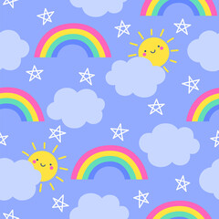 Cute sun cartoon, rainbow, cloud and star seamless pattern background.