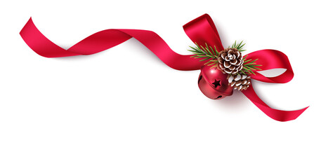 Decorative red bow, bell and pine cones with swirled ribbon and pine branches isolated on white background. Christmas and New Year decoration corner and frame element for your design - 464966348
