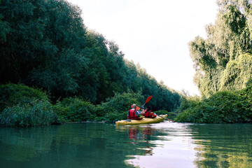 Family couple man and a woman is kayaking in yellow kayak on a river near big green trees and wild grapes. Back view on couple kayaking on a river at summer