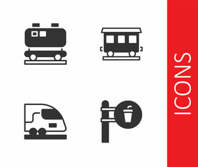 Set Cafe and restaurant location, Oil railway cistern, High-speed train and Passenger cars icon. Vector