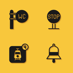 Set Toilet, Train station bell, Online ticket booking and Stop sign icon with long shadow. Vector