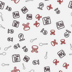 Set line Location with coffee bean, Bag beans, Teaspoon and Coffee table on seamless pattern. Vector