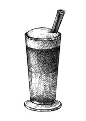 Morning coffee cup - hand-sketched illustration. Vector sketch of glass mug with aromatic latte. Coffee with milk and cinnamon  sketch. Hot drink hand-drawing isolated on white background