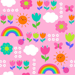 Fototapeta na wymiar Colorful cute hand drawn floral, rainbow and cloud seamless pattern background.