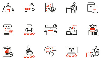 Vector set of linear icons related to Customer Review, Expert Opinion and User Report. Mono line pictograms and infographics design elements - obrazy, fototapety, plakaty