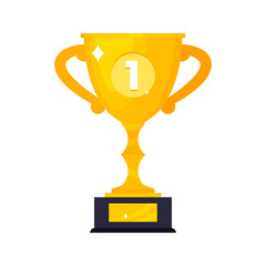 First plase win golden award trophy goblet cup icon sign flat style design vector illustration isolated on white background.