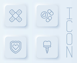 Set line Crossed bandage plaster, Medicine pill or tablet, Immune system and Dental implant. White square button. Vector