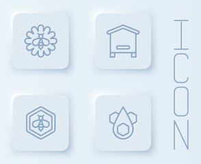 Set line Bee on flower, Hive for bees, and honeycomb and Honeycomb. White square button. Vector