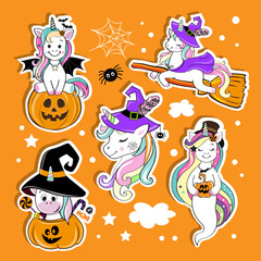 Funny unicorns in a costume for halloween collection. Vector cartoon illustration. Fashion patch badges