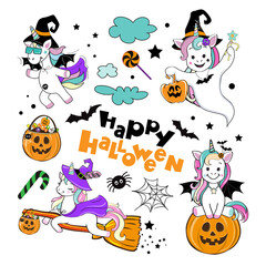 Funny unicorns in a costume for halloween collection. Vector cartoon illustration