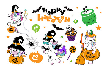 Halloween set with bat, pumpink and unicorn in Halloween costume. Vector cartoon illustration on white background isolated
