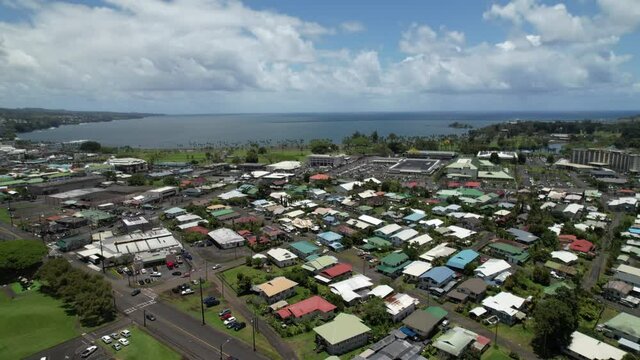 City of Hilo on the Big Island in Hawaii. Dynamic 4K aerial drone video of the island capital city.