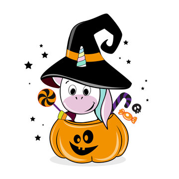 Funny halloween unicorn in pumpkin. Vector cartoon illustration