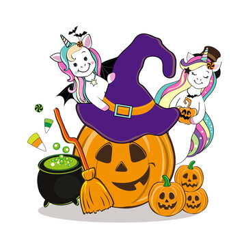 Funny unicorns in a costume for halloween and pumpkin. Vector cartoon illustration