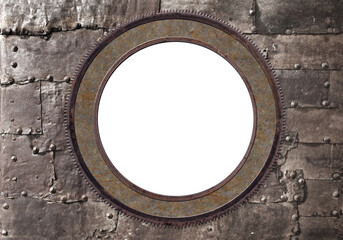 Grunge background in steampunk style. Texture of old metal with rivets and round rusty frame