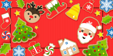 Happy New Year greeting card. Christmas Santa,tree, bell, gift, deer, snowflakes, lollipop, holly. Christmas gingerbread paper cut style. Winter holidays