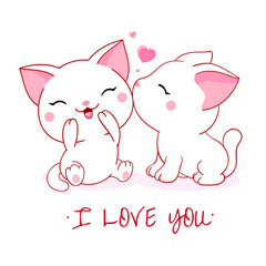 Cute Valentine card in kawaii style. Two lovely cats with big pink heart