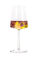 Blanc de noirs concept, white wine made from red wine grapes. Vineyard in a trendy power glass creative collage, isolated on a white background