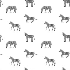 Fototapeta na wymiar Monochrome animalistic seamless pattern with zebras, flat vector illustration.