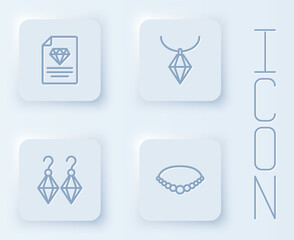 Set line Certificate of the diamond, Pendant necklace, Earrings and Pearl. White square button. Vector