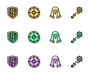 Set line Medieval helmet, Shield, Round shield and Mace with spikes icon. Vector