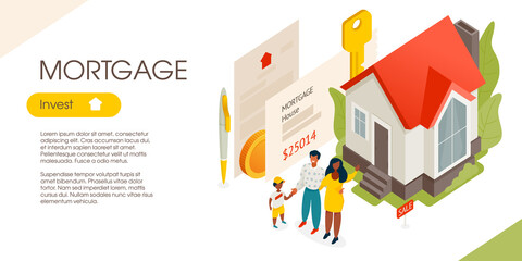 Family staying near the house, bills, coin, pen, and key. Buying mortgage building vector banner.