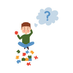 Boy is sitting on floor scratching his head and solving puzzle of colored parts. Vector flat cartoon illustration of child's character isolated on white background.