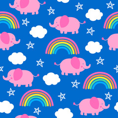Pink elephant with rainbow, cloud and star seamless pattern background.