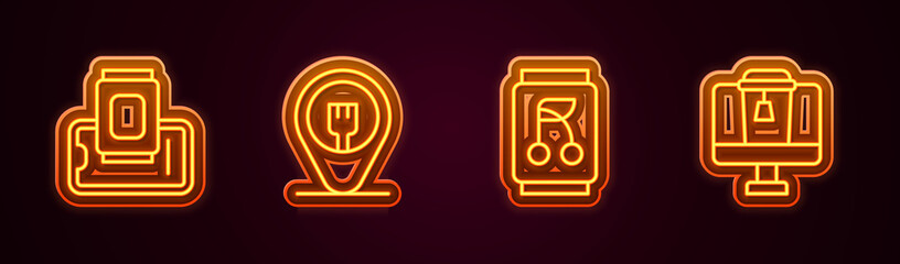 Set line Food ordering on mobile, Cafe and restaurant location, Soda can and Online food. Glowing neon icon. Vector