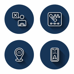 Set line Taxi driver, call telephone service, Location taxi car and Infographic of city map with long shadow. Blue circle button. Vector