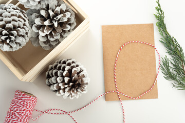 Concept. Flat lay with rustic minimalist Christmas present wrapping.
