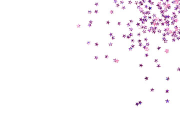 Violet confetti in the form of stars isolated on white background. Festive day backdrop. Flat lay style with minimalistic design. Template for banner or party invitation