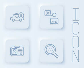 Set line Taximeter device, driver, license and Search taxi. White square button. Vector