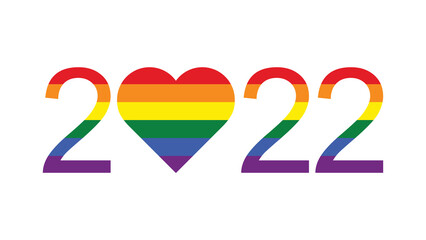 Happy New Year 2022. logo lgbtq 2022 pride month with rainbow heart. vector symbol of pride month support. he most widely known worldwide is the pride flag representing LGBTQ pride. - obrazy, fototapety, plakaty