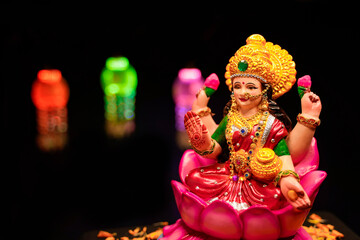 Beautiful Clay Idol of Hindu Goddess Lakshmi for diwali festival.