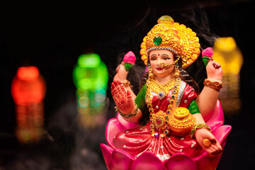 Beautiful Clay Idol of Hindu Goddess Lakshmi for diwali festival.