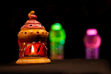 Traditional oil lamps with flower decoration for indian festival diwali.