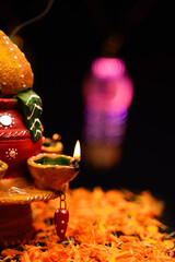 Traditional oil lamps with flower decoration for indian festival diwali.