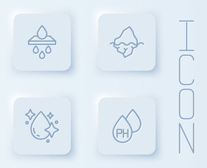 Set line Water filter cartridge, Iceberg, drop and . White square button. Vector