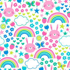 Pink rabbit with floral, rainbow, and cloud seamless pattern background.