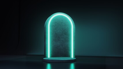 Abstract neon background with glowing geometric shapes, objects and natural stone, podium-3d, render. Empty showcase, stand, platform for presentations, advertising of technological products, gadgets.