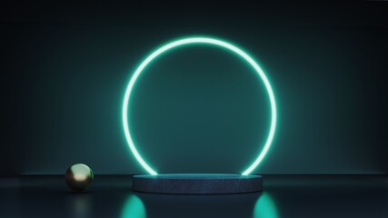 Abstract neon background with glowing geometric shapes, objects and natural stone, podium-3d, render. Empty showcase, stand, platform for presentations, advertising of technological products, gadgets.