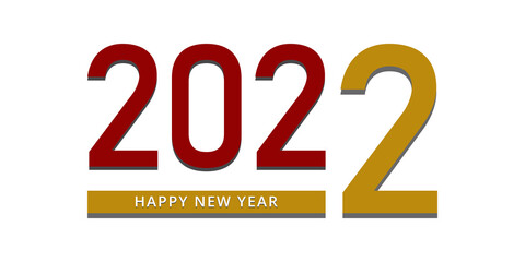 2022 Happy New Year. 2022 text design template using red and gold numbers on white background.
