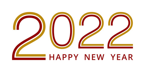 2022 Happy New Year. 2022 text design using gold and red lines on white background.