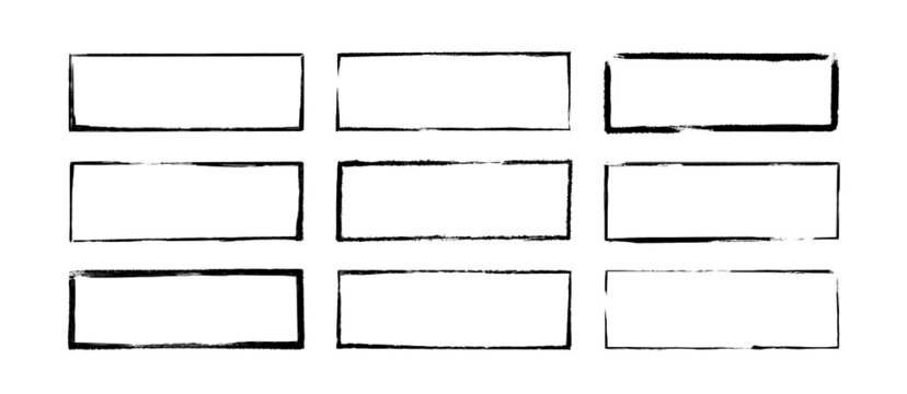 Ink rectangle stamps. Grunge empty black frames set. Square borders collections. Rubber stamp imprint. Vector illustration isolated on white background.