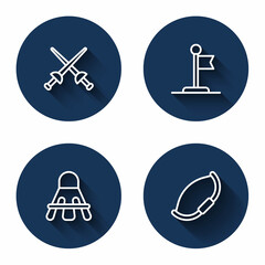 Fototapeta premium Set line Fencing, Flag, Badminton shuttlecock and Medieval bow with long shadow. Blue circle button. Vector