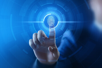Fingerprint scan provides security access with biometrics identification. Business Technology Safety Internet Concept