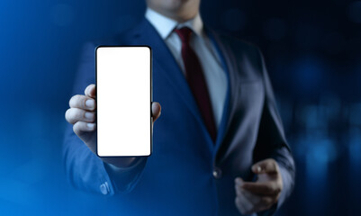 Businessman holding smartphone in hand. Business Internet technlogy concept